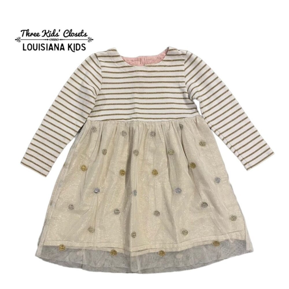 Mini Boden 2-3Y Glittery Gold Polkadots & Stripes Tulle Dress